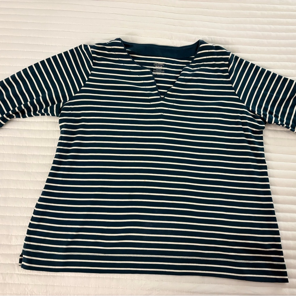 LL Bean Womens Striped V Neck Top Cotton 2X